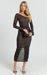 Ellen Midi Dress - Asymmetric Mesh Ruched Bodycon Dress in Brown