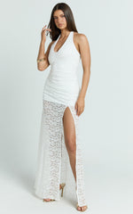 Ellen Midi Dress - Plunge Neck Lace Frill Hem Dress in White
