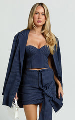 Elliot Mini Skirt - Pinstripe Ruched Bow Detail Fitted Skirt in Navy
