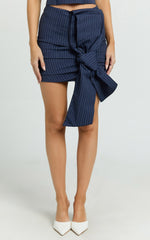 Elliot Mini Skirt - Pinstripe Ruched Bow Detail Fitted Skirt in Navy