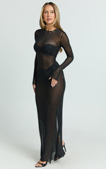 Ellise Maxi Dress - Diamante High Neck Long Sleeve Bodycon Dress in Black