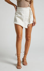 Ellyza Skort - Recycled Cotton Frayed Edge Wrap Denim Skort in Ecru