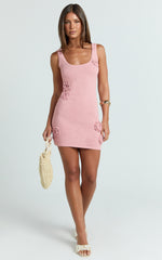 Elodie Mini Dress - Scoop Neck 3D Floral Knit Dress in Pale Pink