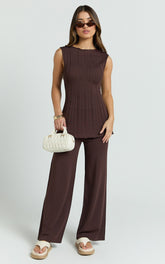 Elodie Two Piece Set - Rib Knit Top and Pant Set in Chocolate