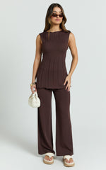 Elodie Two Piece Set - Rib Knit Top and Pant Set in Chocolate