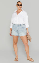 Eloisa Shorts - Recycled Cotton Raw Hem Denim Shorts in Mid Blue Wash
