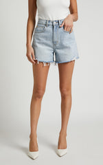Eloisa Shorts - Recycled Cotton Raw Hem Denim Shorts in Mid Blue Wash