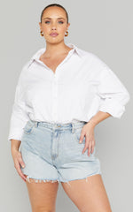 Eloisa Shorts - Recycled Cotton Raw Hem Denim Shorts in Mid Blue Wash