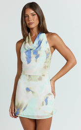 Elouise Mini Dress - Halter Cowl Neck Dress in Aquamarine Floral Print