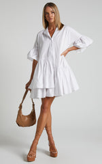 Elowen Mini Dress - Button Up Asymmetrical Tiered Smock Dress in White