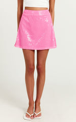 Elswyth Mini Skirt - Side Split Sequin Skirt in Pink