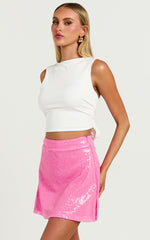 Elswyth Mini Skirt - Side Split Sequin Skirt in Pink