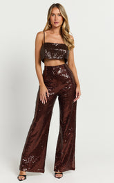 Elswyth Pants - Tailored Wide Leg Sequins Pants in Chocolate