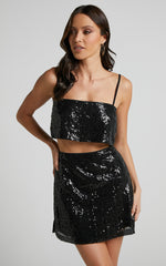 Elswyth Mini Skirt - Side Split Sequin Skirt in Black Sequin