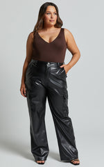 Elviera Pants - High Waisted Faux Leather Cargo Pants in Black