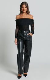 Elviera Pants - High Waisted Faux Leather Cargo Pants in Black