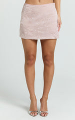 Elysia Mini Skirt - Sequin Low Waist Skirt in Pale Pink