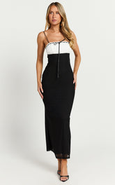 Emelia Midi Dress - Strappy Straight Neck Ruched Bust Dress in Black