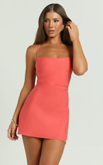 Emelia Mini Dress - Square Neck Tie Back Dress in Coral