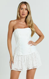 Emerie Mini Dress - Strapless Drop Waist Pleated Dress in Cream