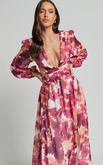 Emilee Midi Dress - Side Cut Out Long Sleeve Plunge Dress in Purple Floral