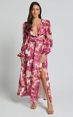 Emilee Midi Dress - Side Cut Out Long Sleeve Plunge Dress in Purple Floral