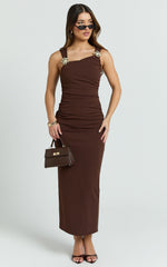 Emilia Midi Dress - Asymmetrical Neck Bodycon Dress in Brown