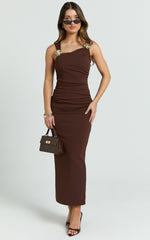 Emilia Midi Dress - Asymmetrical Neck Bodycon Dress in Brown