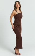 Emilia Midi Dress - Asymmetrical Neck Bodycon Dress in Brown