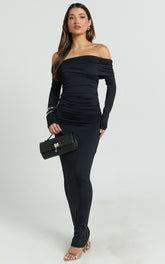 Emilie Maxi Dress - Off Shoulder Long Sleeve Ruched Jersey Dress in Black