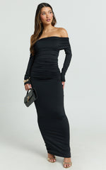 Emilie Maxi Dress - Off Shoulder Long Sleeve Ruched Jersey Dress in Black