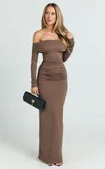 Emilie Maxi Dress - Off Shoulder Long Sleeve Ruched Jersey Dress in Dark Brown
