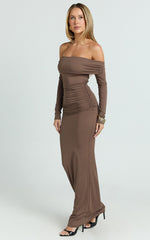 Emilie Maxi Dress - Off Shoulder Long Sleeve Ruched Jersey Dress in Dark Brown