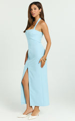 Emkate Midi Dress - Straight Neck Halter Neck Fitted Hook And Eye Front Dress in Blue