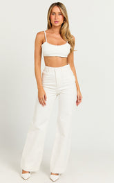 Emman Jeans - High Waisted Cotton Wide Leg Denim Jeans in Ecru