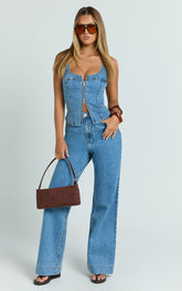 Emman Jeans - High Waisted Cotton Wide Leg Denim Jeans in Mid Blue