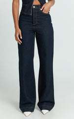 Emman Jeans - High Waisted Cotton Wide Leg Denim Jeans in Raw Denim with Tobacco Stitch