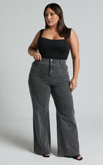 Emman Jeans - High Waisted Cotton Wide Leg Denim Jeans in Washed Black
