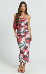 Enid Midi Dress - Sweetheart Neck Ruched Bodycon Dress in Rose Blanca