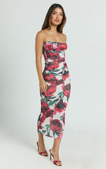 Enid Midi Dress - Sweetheart Neck Ruched Bodycon Dress in Rose Blanca