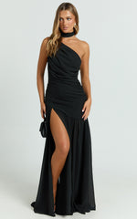 Enya Maxi Dress - One Shoulder Neck Tie Ruched High Split Dress in Black