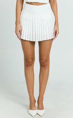 Erica Mini Skirt - Yoke Waist Pocket Detail Pleated Skirt in Off White