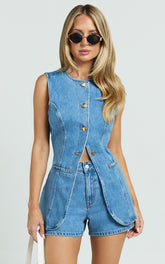 Erin Shorts - High Rise Denim Shorts in Mid Blue Wash
