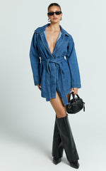 Esme Mini Dress - Denim Shirt Dress with Detachable Belt in Dark Mid Blue