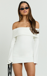 Esme Mini Dress - Off Shoulder Wide Sleeve Fitted Skirt Dress in Off White