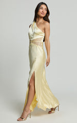 Estella Midi Dress - Asymmetrical Lace Detail Waist Slip Dress in Butter