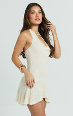 Estella Mini Dress - Scooped V Halter Drop Waist Frill Hem Skirt in Ivory