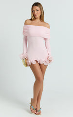 Estelle Mini Dress - Off Shoulder Long Sleeve Frilled Hem Fitted Dress in Baby Pink
