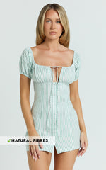 Estelle Mini Dress - Off Shoulder Ruched Bodice Fitted Placket Front Skirt Dress in Mint Stripe