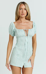 Estelle Mini Dress - Off Shoulder Ruched Bodice Fitted Placket Front Skirt Dress in Mint Stripe